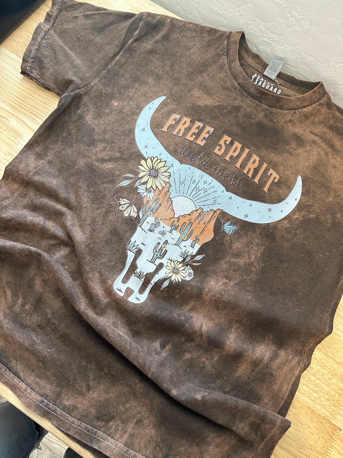 Free Spirit Bull Skull- Brown Mineral Wash Tee