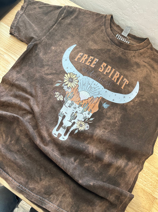 Free Spirit Bull Skull- Brown Mineral Wash Tee